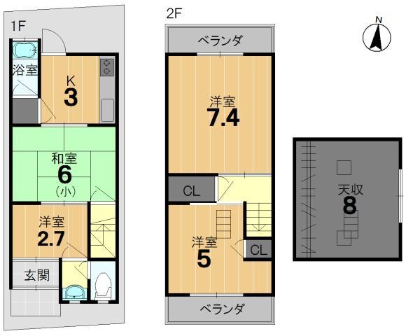 Floor plan. 9.5 million yen, 3K, Land area 35.99 sq m , Building area 60.13 sq m