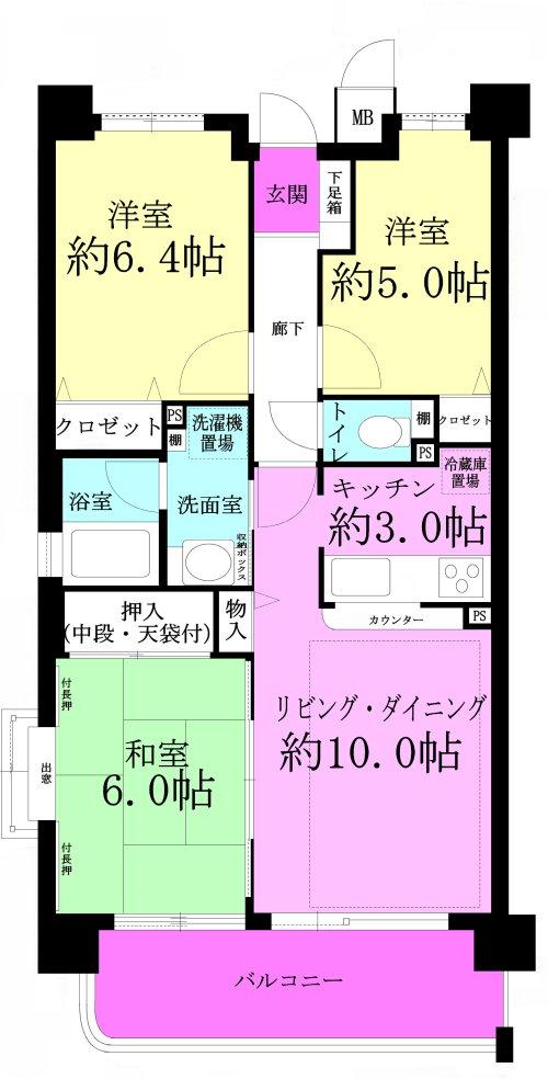 Floor plan. 3LDK, Price 28 million yen, Occupied area 65.08 sq m , Balcony area 10 sq m