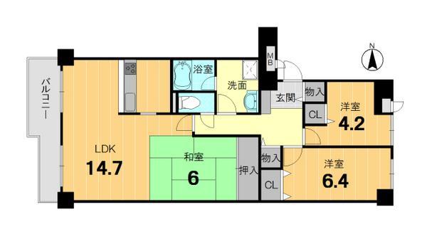 Floor plan. 3LDK, Price 10.5 million yen, Occupied area 73.88 sq m , Balcony area 9.09 sq m