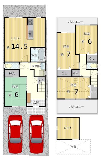 Floor plan. 39,800,000 yen, 4LDK, Land area 99.17 sq m , Building area 95.99 sq m 4LDK! Since the Japanese-style room is independent, In the drawing-room and family room ◎ 2 floor also 6 Pledge ~ In peace of mind! With loft! Bicycle parking if car two spaces also ◎