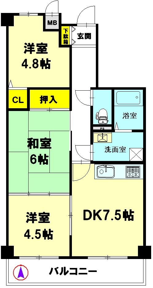 Floor plan. 3DK, Price 8.3 million yen, Occupied area 54.69 sq m , Balcony area 7.2 sq m