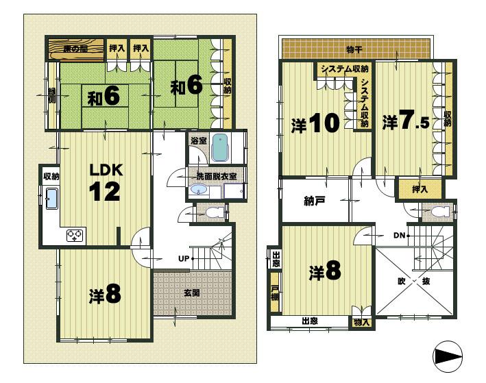 Floor plan. 43 million yen, 6LDK + S (storeroom), Land area 128.92 sq m , Building area 142.91 sq m 1F: 83.85 sq m  2F: 59.06 sq m  Total floor area: 142.91 sq m  Storage enhancement 6SLDK