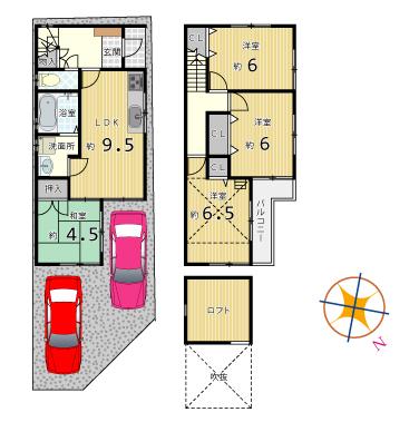 Floor plan. 31.5 million yen, 4LDK, Land area 72.94 sq m , Building area 76.14 sq m parking of two possible corner lot! 