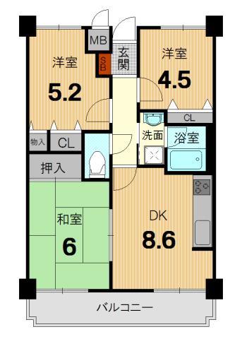 Floor plan. 3DK, Price 17.8 million yen, Occupied area 56.37 sq m , Balcony area 9.33 sq m