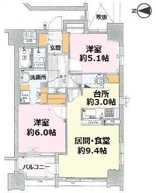 Floor plan. 2LDK, Price 39,800,000 yen, Footprint 56.1 sq m , Balcony area 3.82 sq m