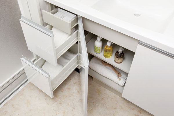 Bathing-wash room.  [Floor cabinet] By a small drawer which is provided on the side of the drawer, Beautifully tidy vanity. Is under the sink bowl are housed is provided which can adjust the height of the shelf board (same specifications)