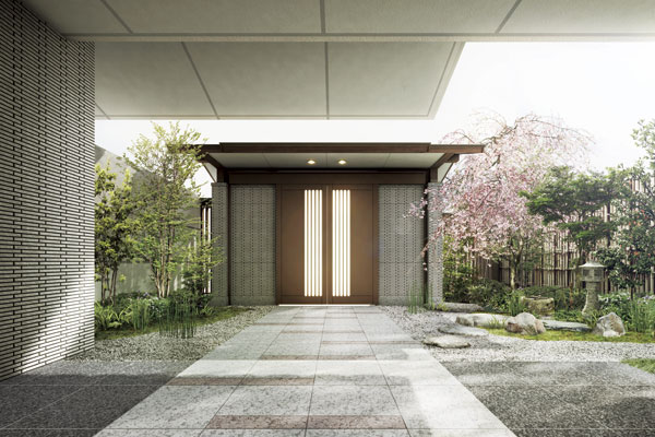 Features of the building.  [Spot garden] From the first floor shared entrance, Entrance hall that connects to each of the private space. on ・ To bring the atmosphere of relaxation to this location to switch off, Is the arranged was a basis yard of Japanese garden, such as you have provided Tsukubai and lanterns (Rendering)