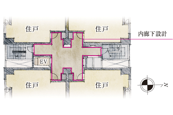 Features of the building.  [Floor plan] All dwelling units and corner dwelling unit, In dwelling unit placement of only one floor 4 House, Independent sense ・ Privacy and, ventilation ・ Consideration to lighting. Also, Corridor within the line of sight from the outside does not reach, Footsteps is hardly sound in laying carpet tiles with a calm sense of quality, Comfortable and air conditioned. In front of the elevator door nestled decorated wall, It produces a sense of luxury (dwelling unit layout)