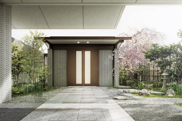 Approach to the entrance hall leading to the private residence. It is provided a basis yard of Japanese garden tone decor, such as lanterns, Has also been pursued flavor seems to Kyoto in planting such as weeping cherry and fist. Rendering (depending on actual and somewhat)