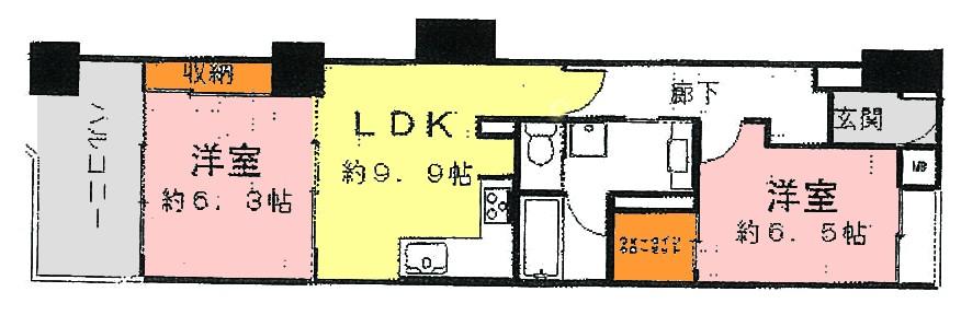 Floor plan. 2LDK, Price 27,800,000 yen, Occupied area 56.16 sq m , Balcony area 7.94 sq m