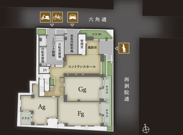 Features of the building.  [Land Plan] Among the Kyoto center, Calm corner was secluded from the main street. The property is birth to the "corner location" in Kyoto lined orderly buildings in the compartment of the grid. Taking advantage of the independence of the height of two-way of the site facing the road, ventilation ・ Corner dwelling unit rate was excellent lighting properties has been achieved about 78% (site layout)