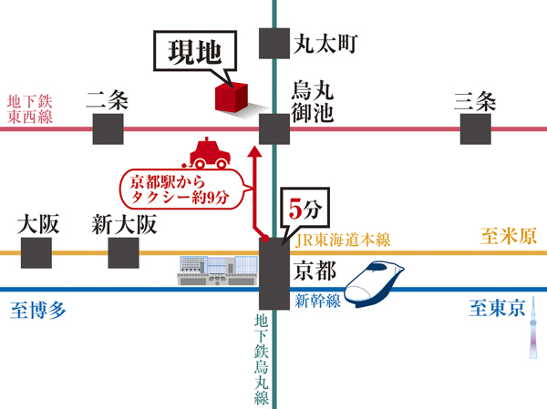 ● subway Karasuma ・ Tozai Line "Karasuma Oike" Station 3-minute walk ● "Kyoto" 5 minutes to the station ● about 9 minutes from the "Kyoto" station by taxi (about 3125m). Traffic view