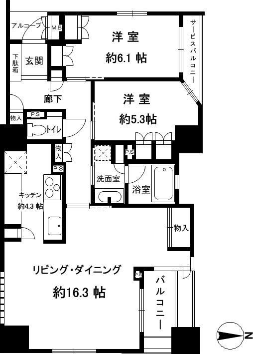 Floor plan. 2LDK, Price 62 million yen, Occupied area 74.31 sq m , Balcony area 5.37 sq m