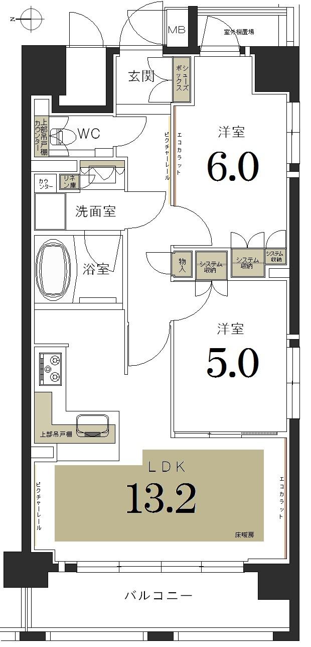 Floor plan. 2LDK, Price 35,900,000 yen, Occupied area 57.75 sq m , Between the balcony area 7.7 sq m floor plan
