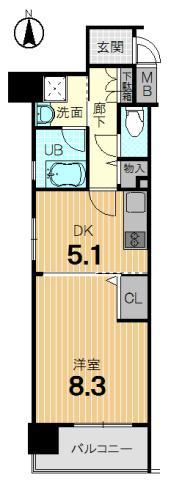 Floor plan. 1DK, Price 22.5 million yen, Occupied area 36.76 sq m , Balcony area 5.52 sq m