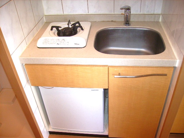 Kitchen. It is gas 1-neck and a refrigerator with type.