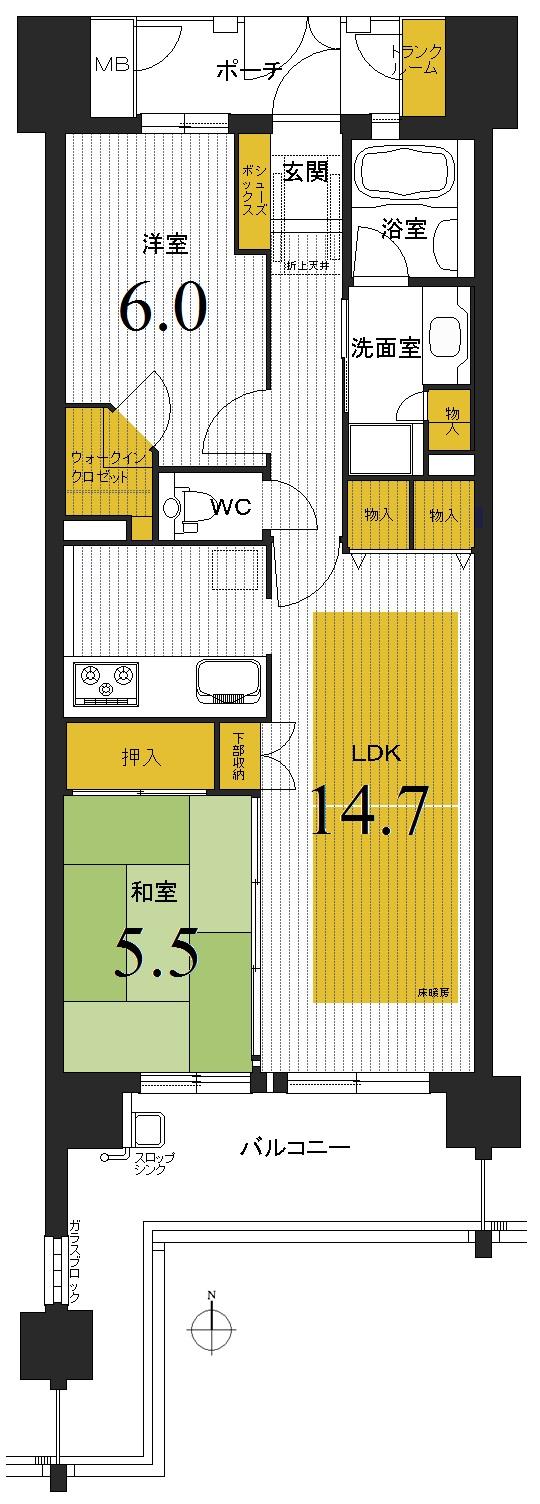 Floor plan. 2LDK, Price 43,800,000 yen, Occupied area 64.37 sq m , Balcony area 13.69 sq m floor plan