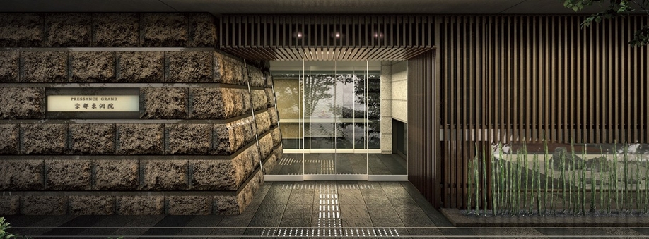 It imitates five white lines drawn on the Tsukiji fence of the Kyoto Imperial Palace, Putting five lines of polished on the wall of black granite Cobb out, To detail was Ikizuka the fragrance of the dynasty culture design properties full of exterior design (Entrance approach Rendering)