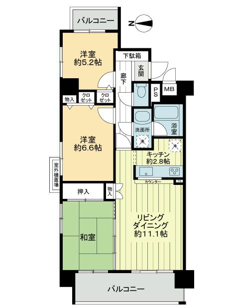 Floor plan. 3LDK, Price 35,800,000 yen, Occupied area 69.75 sq m , Balcony area 11.25 sq m