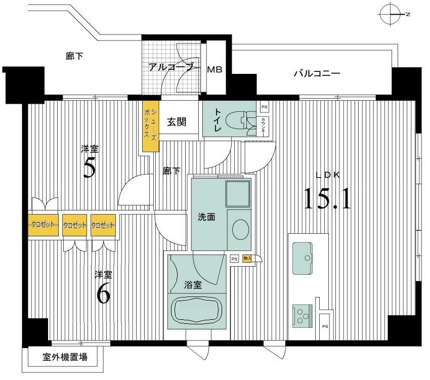 Floor plan. 2LDK, Price 46,800,000 yen, Occupied area 56.05 sq m , 3 direction dwelling units of the balcony area 4.8 sq m 3 Men'irodori light