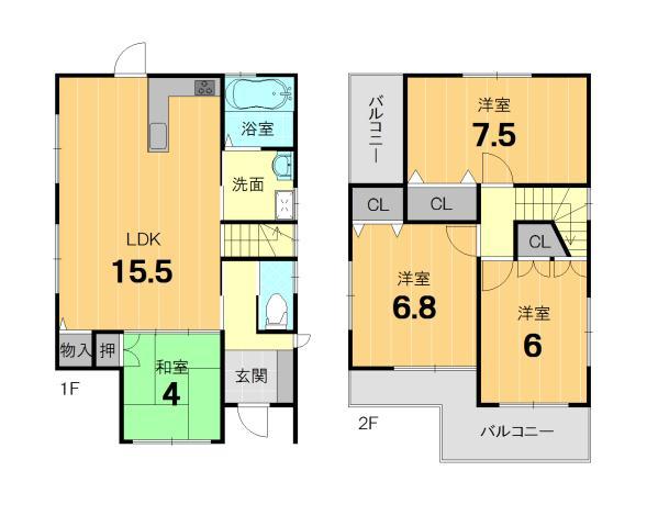 Floor plan. 34,800,000 yen, 4LDK, Land area 84 sq m , Building area 87.66 sq m