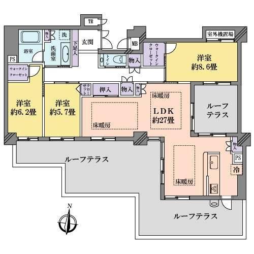Floor plan. 3LDK, Price 75 million yen, Footprint 114.88 sq m , Balcony area 46 sq m