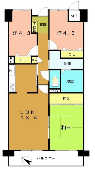 Floor plan. 3LDK, Price 16,950,000 yen, Occupied area 64.85 sq m , Balcony area 9.07 sq m