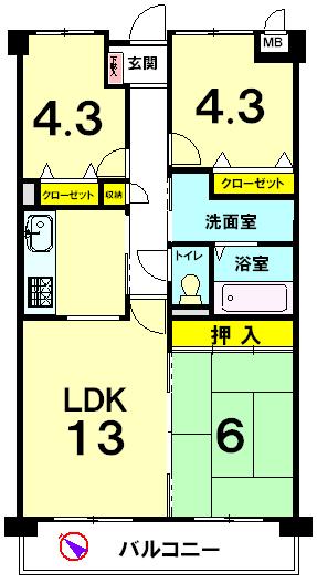 Floor plan. 3LDK, Price 16,950,000 yen, Occupied area 64.85 sq m , Balcony area 9.9 sq m