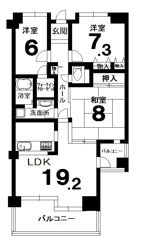 Floor plan. 3LDK, Price 14.8 million yen, Occupied area 88.51 sq m , Balcony area 13.96 sq m