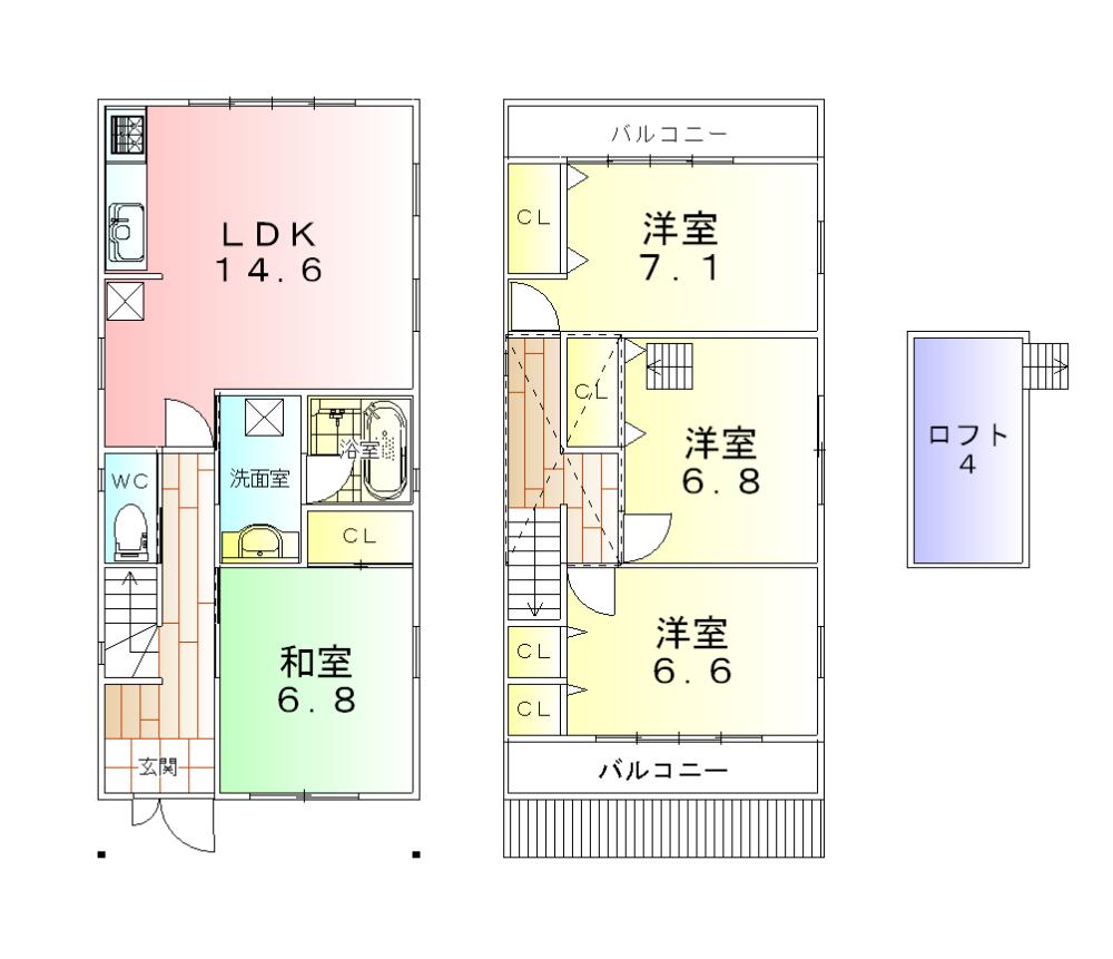 Building plan example (floor plan). Building plan example (D No. land) 4LDK, Land price 32,800,000 yen, Land area 147.17 sq m , Building price 19,030,000 yen, Building area 103.5 sq m