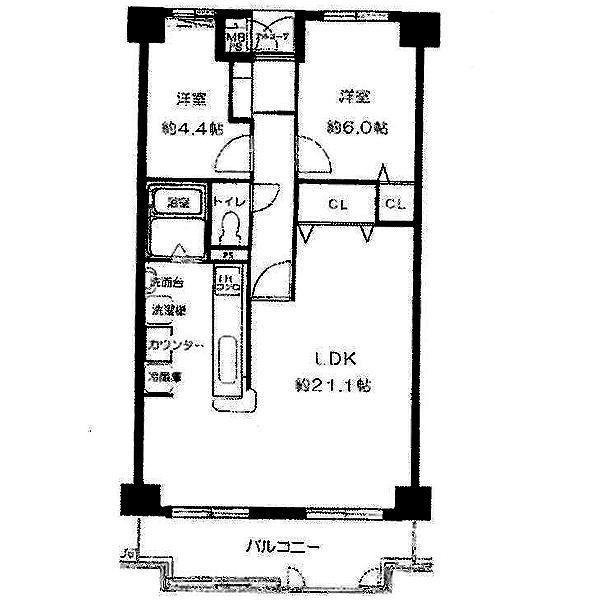Floor plan. 2LDK, Price 10.5 million yen, Occupied area 63.76 sq m , Balcony area 9.7 sq m