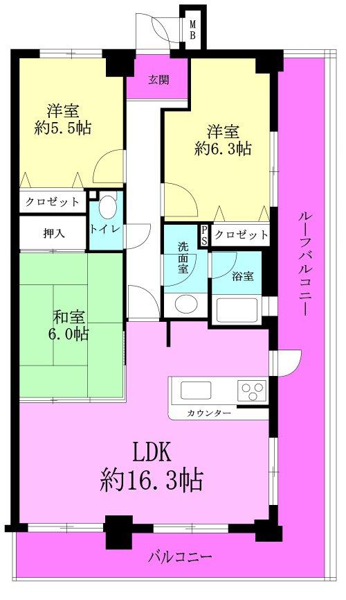 Floor plan. 3LDK, Price 48 million yen, Occupied area 73.02 sq m , Balcony area 9.4 sq m Floor