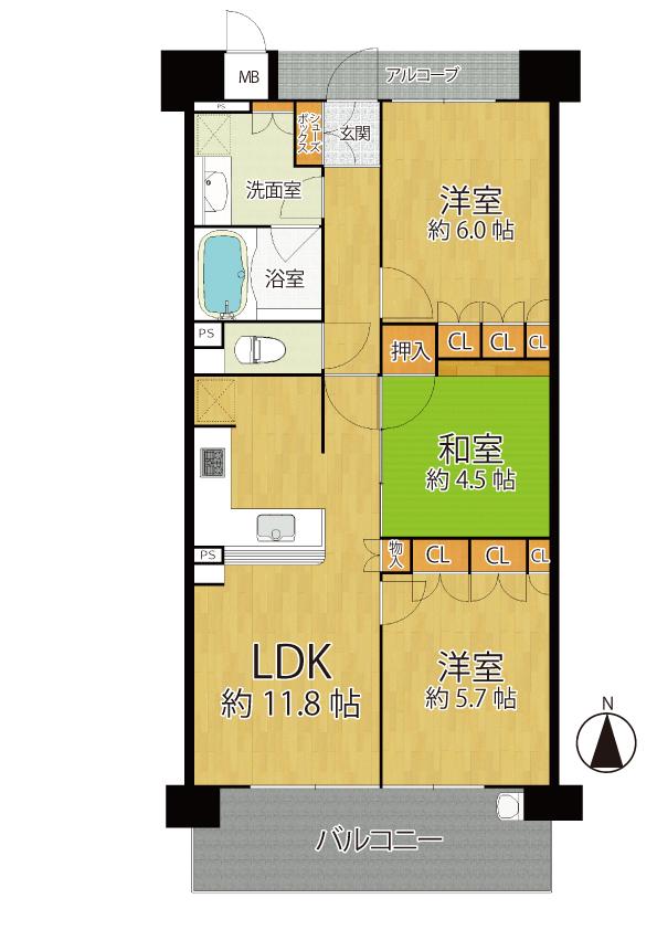 Floor plan. 3LDK, Price 41,800,000 yen, Occupied area 62.42 sq m , Balcony area 9.62 sq m