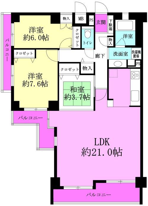 Floor plan. 3LDK, Price 24,800,000 yen, Occupied area 90.93 sq m , Balcony area 13.13 sq m Floor