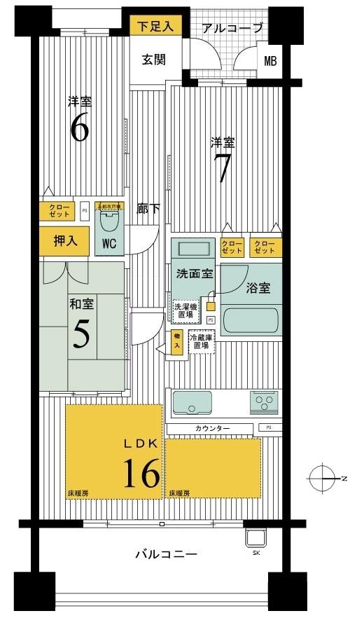 Floor plan. 3LDK, Price 34,800,000 yen, Occupied area 74.88 sq m , Balcony area 11.97 sq m floor plan