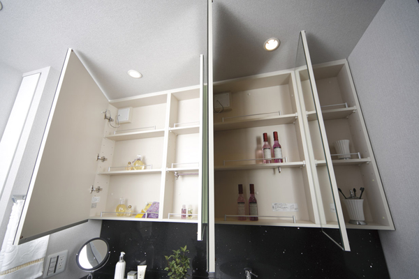 Bathing-wash room.  [Mirror cabinet] The three-sided mirror back with anti-fog heaters, Set up a cabinet that cosmetics and toiletries can be stored. Tissue BOX holder and dryer hook has also been installed (same specifications)