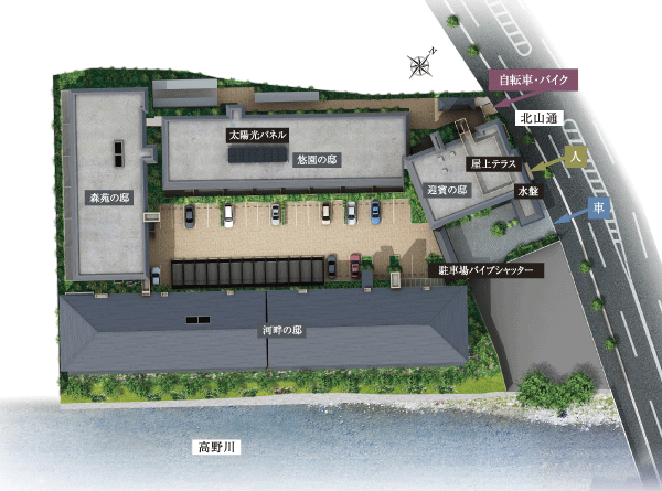 Features of the building.  [Land Plan] Kitayama facing through "mansion of Yingbin", "River of residence" along the Takano River, Surrounded by lush green trees "mansion of Morisono", And facing the courtyard "mansion of Yuen". Taking advantage of approximately 6200 sq m more than the site, Achieve independence and openness of high residential building located. Approach from the Kitayama through safe walking vehicle separation flow line, The "mansion of Yuen" have been installed solar panels to cover some of the electricity of the common area (site layout)
