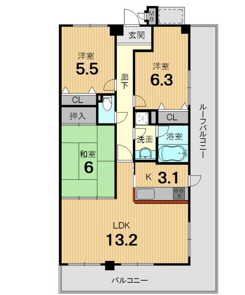 Floor plan. 3LDK, Price 48 million yen, Occupied area 73.02 sq m , Balcony area 31.53 sq m