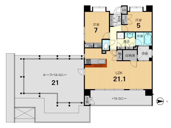 Floor plan. 2LDK, Price 45 million yen, Occupied area 74.14 sq m , Balcony area 49.25 sq m
