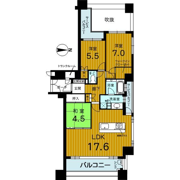 Floor plan. 3LDK, Price 36,800,000 yen, Occupied area 76.63 sq m , Balcony area 11.59 sq m