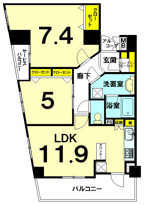 Floor plan. 2LDK, Price 27,800,000 yen, Occupied area 58.09 sq m , Balcony area 6.59 sq m
