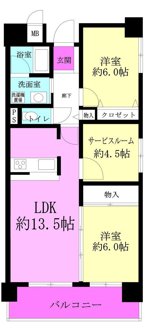 Floor plan. 2LDK+S, Price 25,800,000 yen, Occupied area 64.75 sq m , Balcony area 8.68 sq m