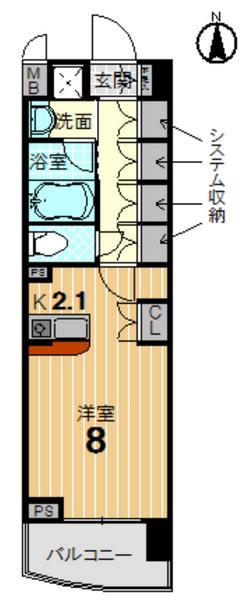 Floor plan. 1K, Price 22,800,000 yen, Occupied area 34.33 sq m , Balcony area 4.85 sq m