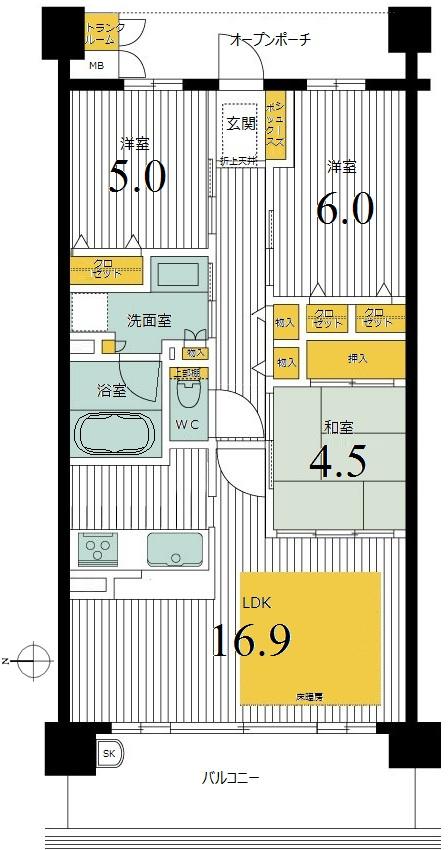Floor plan. 3LDK, Price 31.5 million yen, Occupied area 74.26 sq m , Balcony area 11.97 sq m floor plan