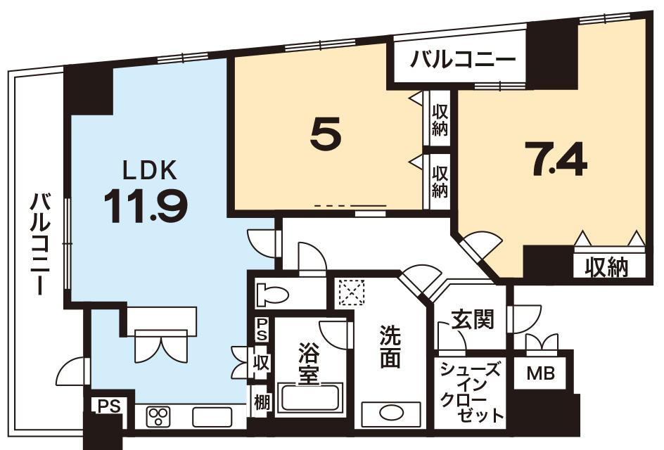 Floor plan. 2LDK, Price 27,800,000 yen, Occupied area 58.09 sq m , Balcony area 6.59 sq m Floor