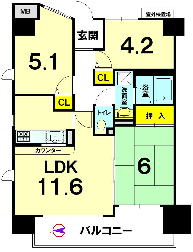Floor plan. 3LDK, Price 19.5 million yen, Occupied area 57.51 sq m , Balcony area 9.52 sq m
