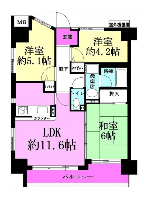 Floor plan. 3LDK, Price 19.5 million yen, Occupied area 57.51 sq m , Balcony area 9.52 sq m Floor