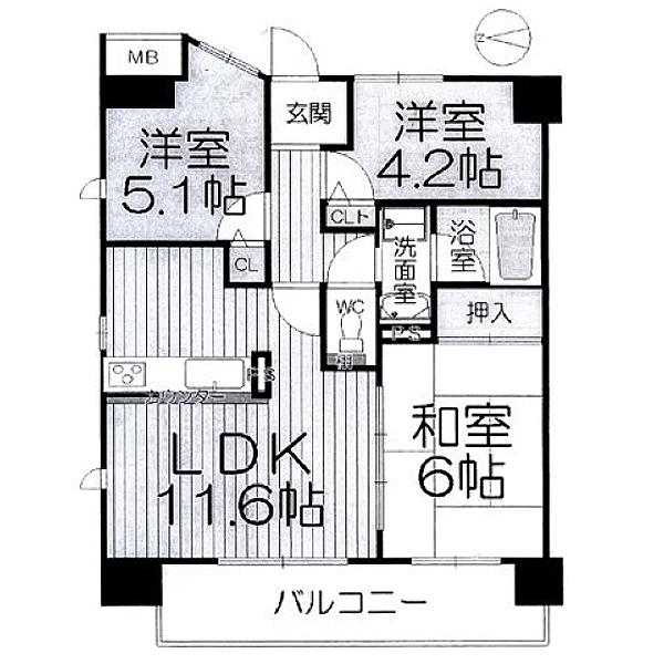 Floor plan. 3LDK, Price 19.5 million yen, Occupied area 57.51 sq m , Balcony area 9.52 sq m