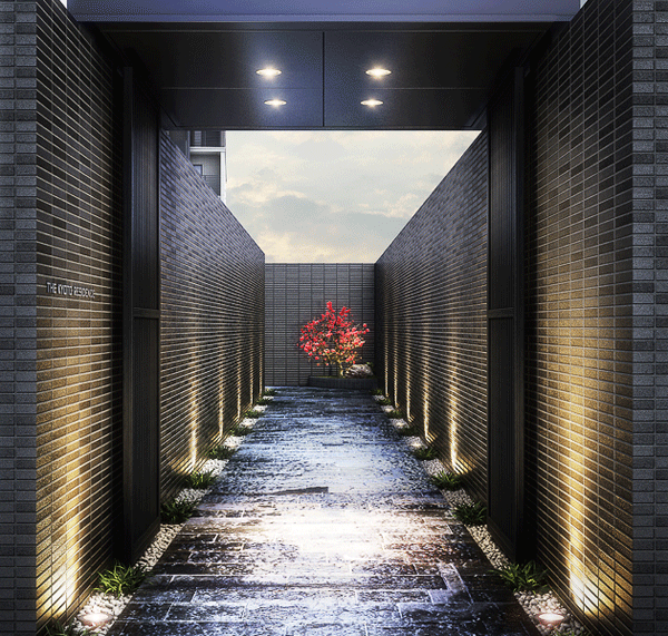 Features of the building.  [Kyoto Gate] Lattice door feel the height of the threshold, Casually flower light path is guided, And Fumishime the taste drifting cobbled. This arrangement has been enterprising of space to contemporary, while the tradition of Kyoto (Rendering)