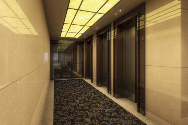 Features of the building.  [First floor elevator hall] The ・ When you exit the lobby, Soft and shining light ceiling to impressive elevator hall. Lightly nod to the concierge to watch from the front counter, Time to wait for the arrival of the elevator. While enjoying the comfort, such as a hotel, Owner ・ Accustomed to the consideration of the security, You celebrating in a relaxed feeling to the home (Rendering)